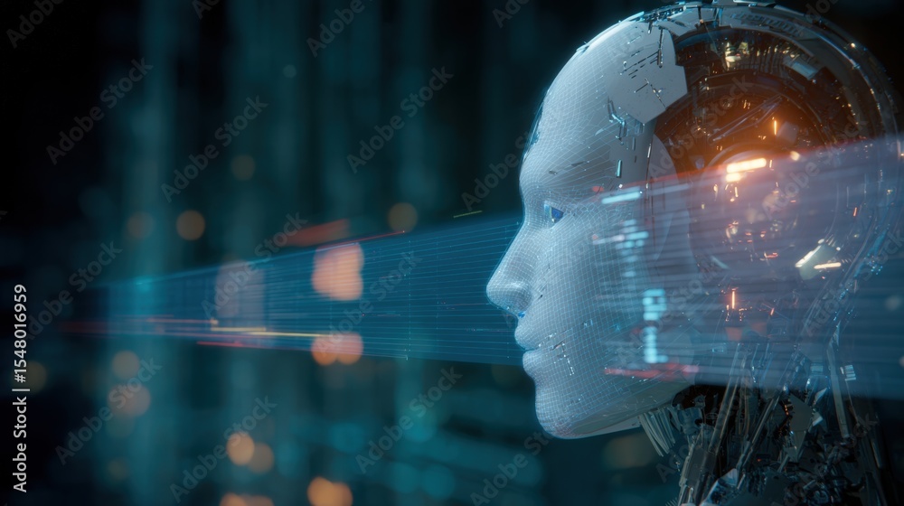 Poster Futuristic AI Robot Head with Digital Data Streams and Neon Lights, Technology, Artificial ligence, Cybernetic, High Tech Cyber Robot