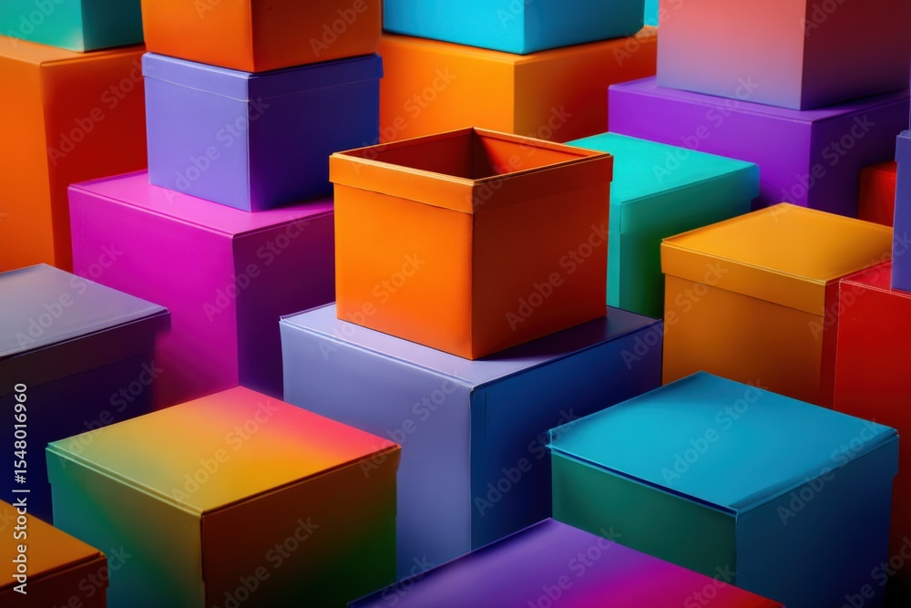 Poster vibrant colorful open and closed boxes stacked randomly with bright shades of orange purple pink blu