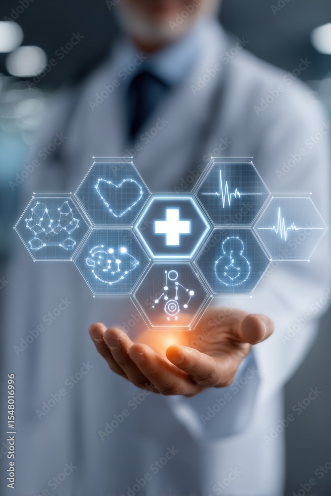 Poster modern healthcare technology concept with medical icons including heart pulse brain and plus sign be