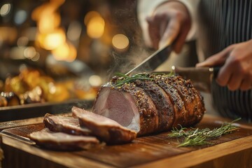 Succulent roasted pork loin being sliced by chef in gourmet kitchen