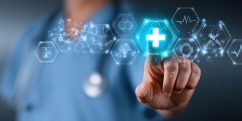 Advanced healthcare technology digital interface with medical icons and health data visualization for medical professionals