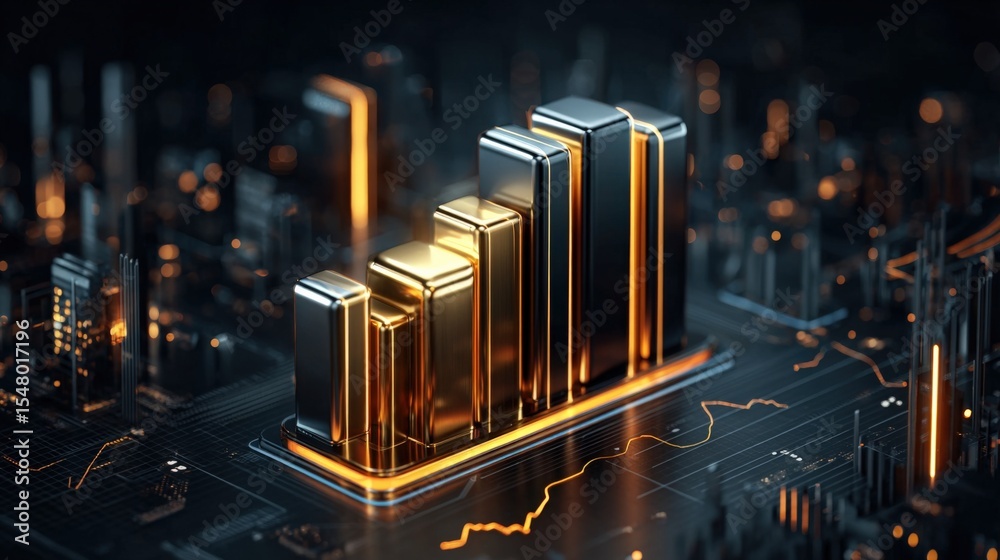 Aufkleber Futuristic digital graph with ascending bars in gold and black on circuit board background representing data growth and technology advancement