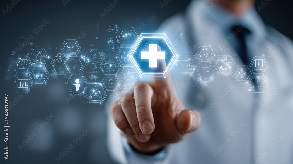 Aufkleber Digital Healthcare Technology Concept with Doctor Using Touchscreen Interface Displaying Medical Cross and Data Visualization