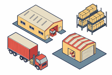 Isometric logistics icons trucks delivery and transportation