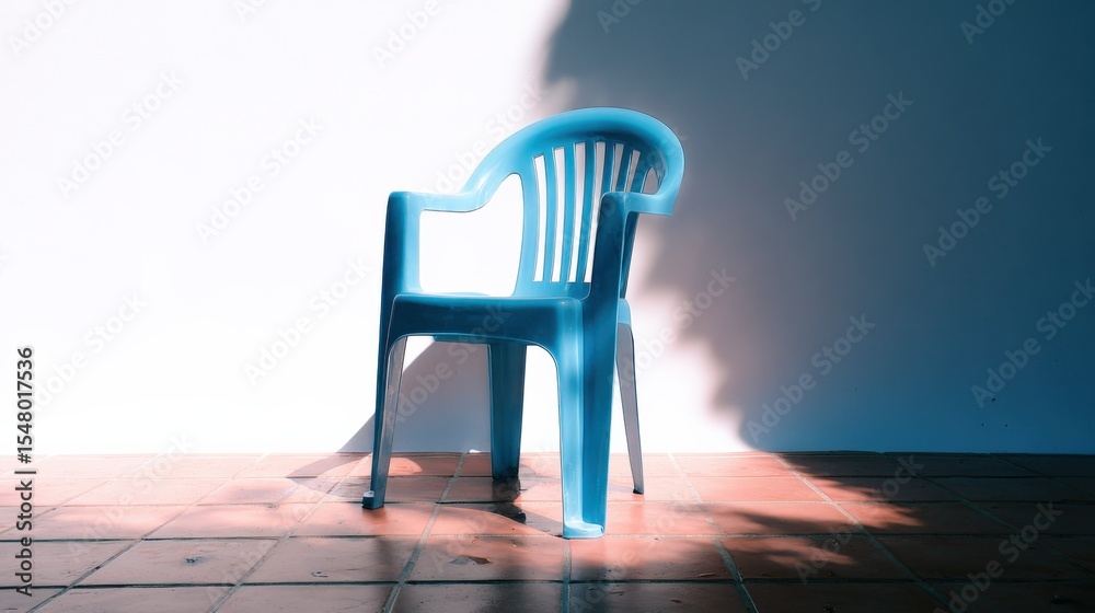 Poster brightly lit blue plastic chair casting shadow on floor with single light source in simple indoor sc