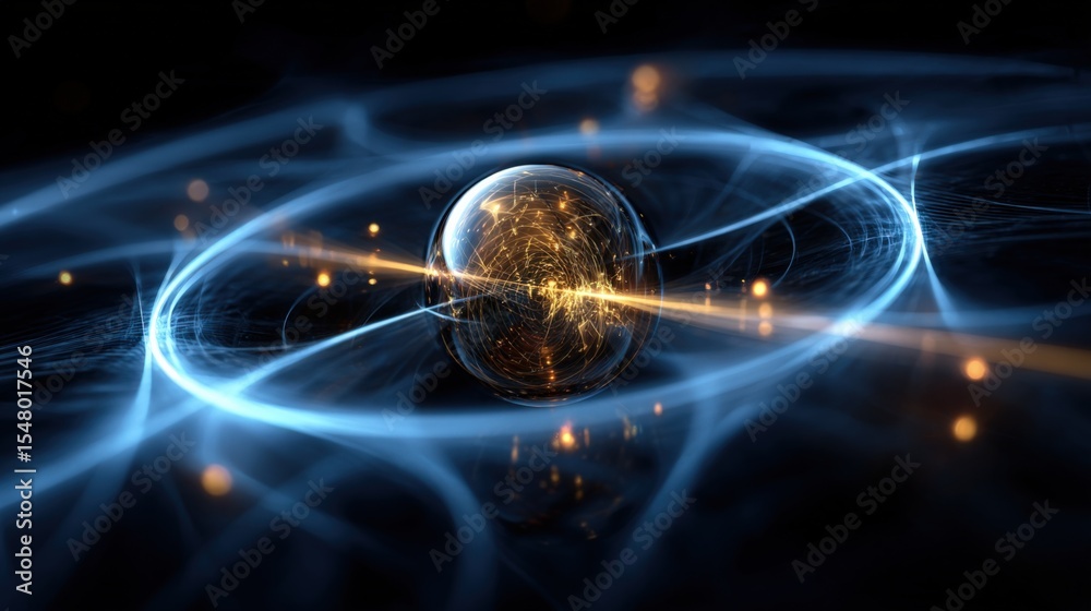 Fototapete futuristic digital art depicting a glowing earth with luminous orbiting lines and abstract energy wa