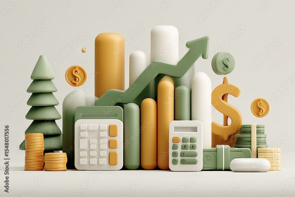 Poster creative financial growth and investment concept with bar charts upward arrow dollar coins calculato