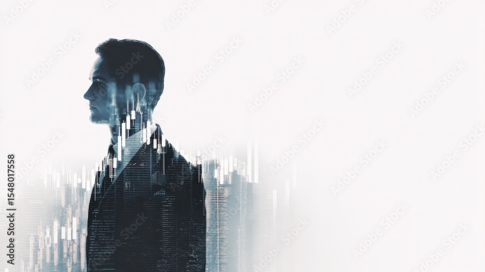 Poster futuristic digital transformation concept featu a man with technology overlay and city skyline refle