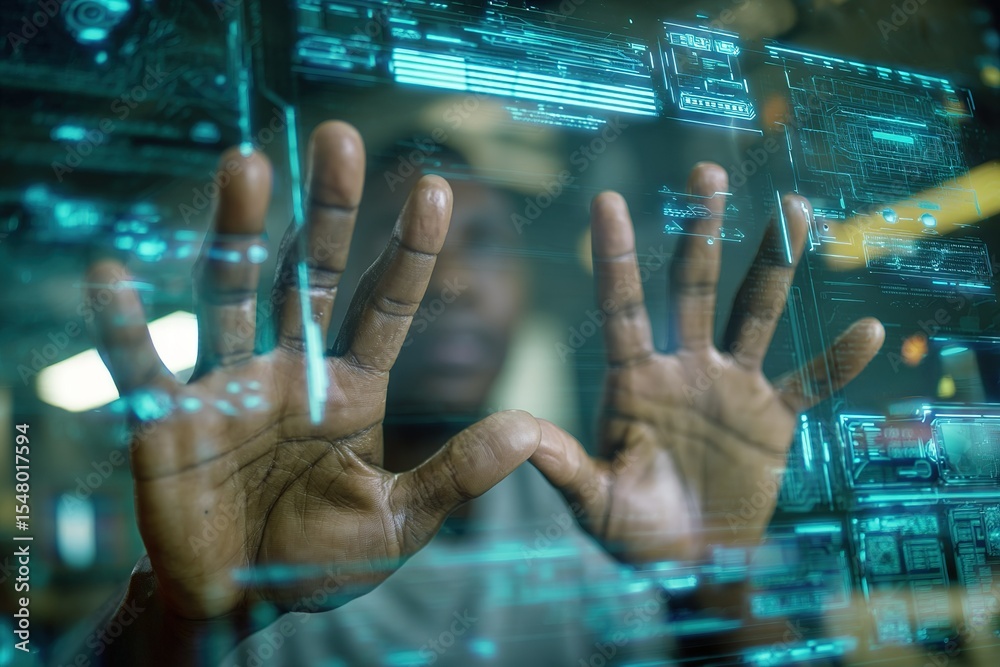Poster man interacts with futuristic digital interface displaying various data metrics in a modern tech env