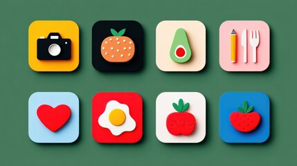Colorful Flat Design Food and Cooking Icons Set Including Camera Heart Avocado Strawberry Eggplant and Tomato for Apps and Web Use