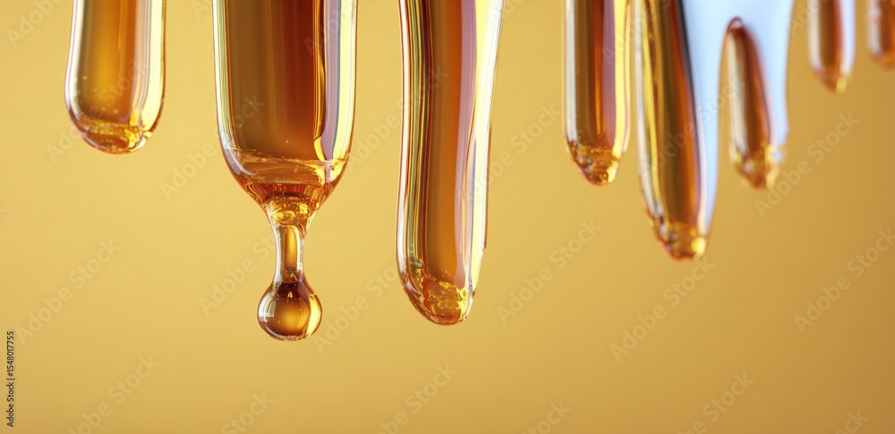 Poster close-up of golden liquid dripping from glass pipettes with reflections and a blurred background in 