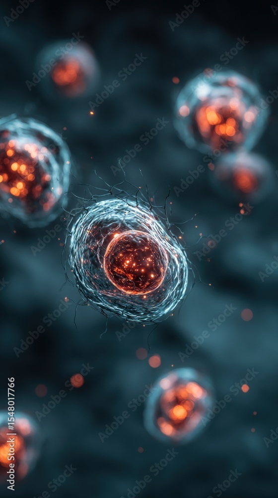 Poster highly detailed microscopic view of living human cells with glowing nuclei in a dark environment sho
