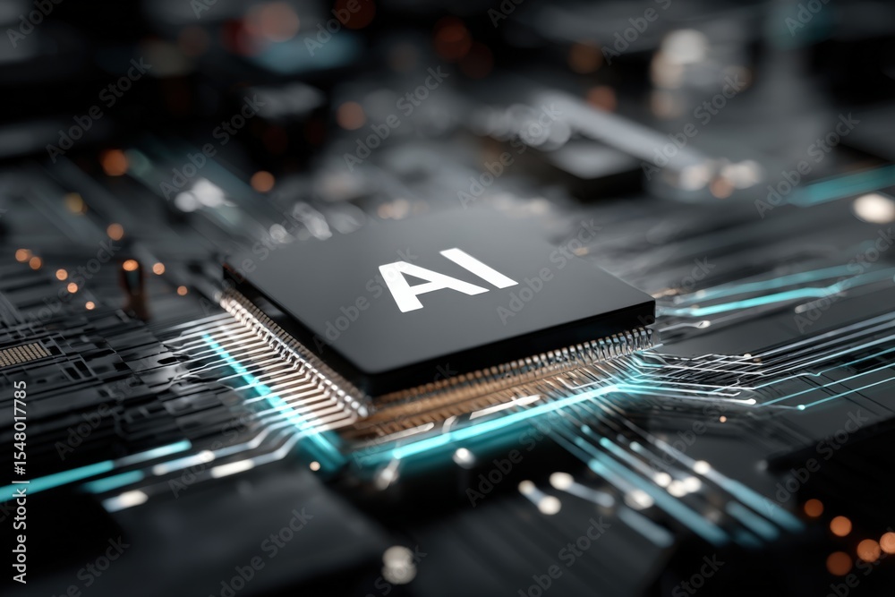 Poster High-resolution close-up of a powerful artificial ligence chip with intricate electronic circuitry and glowing connections on a computer motherboard