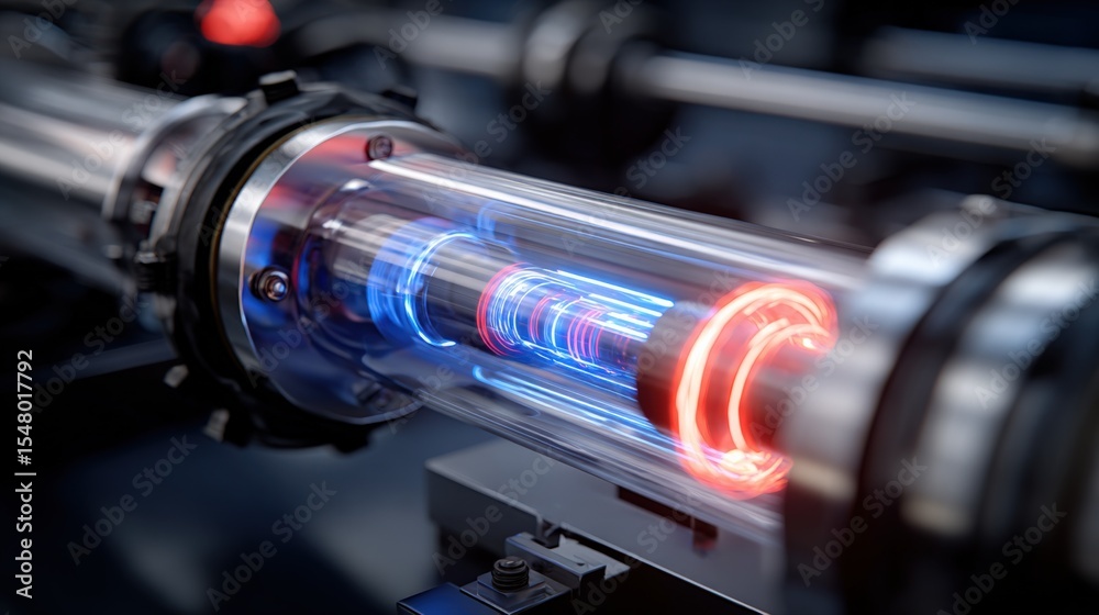 Poster highly detailed close-up of a scientific experimental apparatus with illuminated gas tube showing ad
