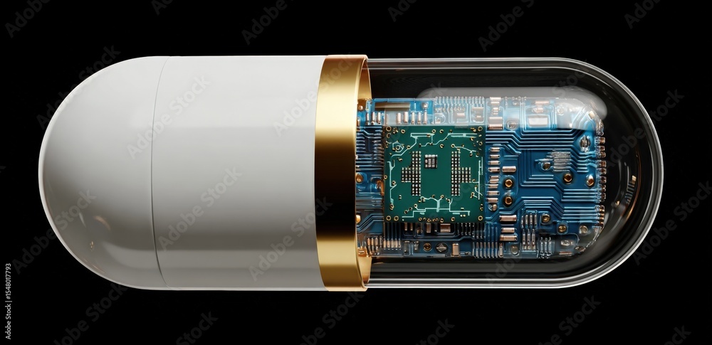 Poster Modern capsule-shaped electronic device with transparent casing revealing internal circuitry and circuit boards with microchips and wi