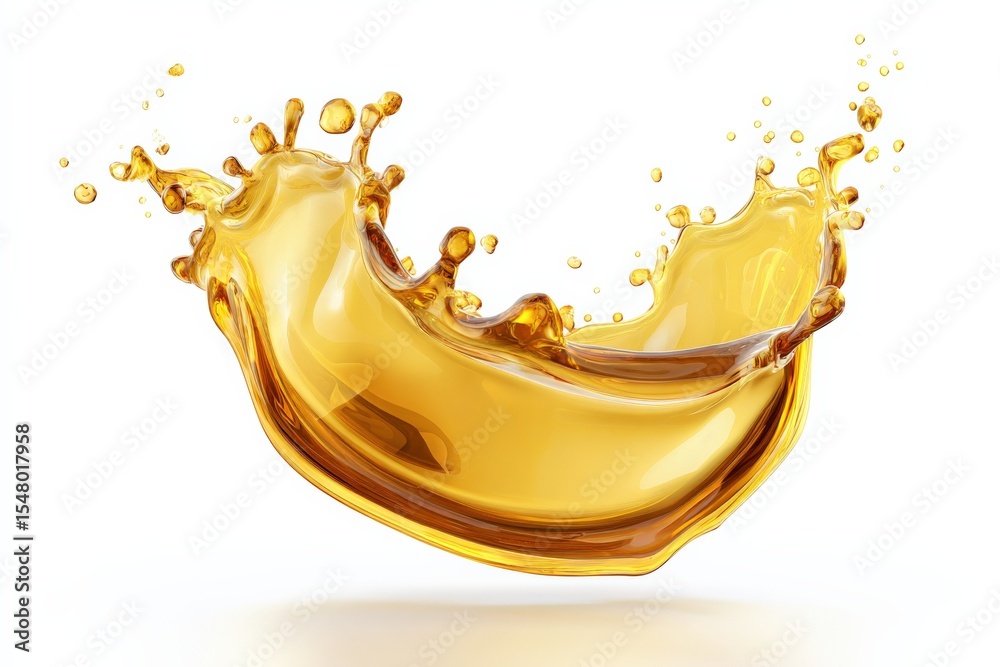 Poster Dynamic splash of golden liquid with detailed reflections and flowing motion isolated on white background for advertising or design