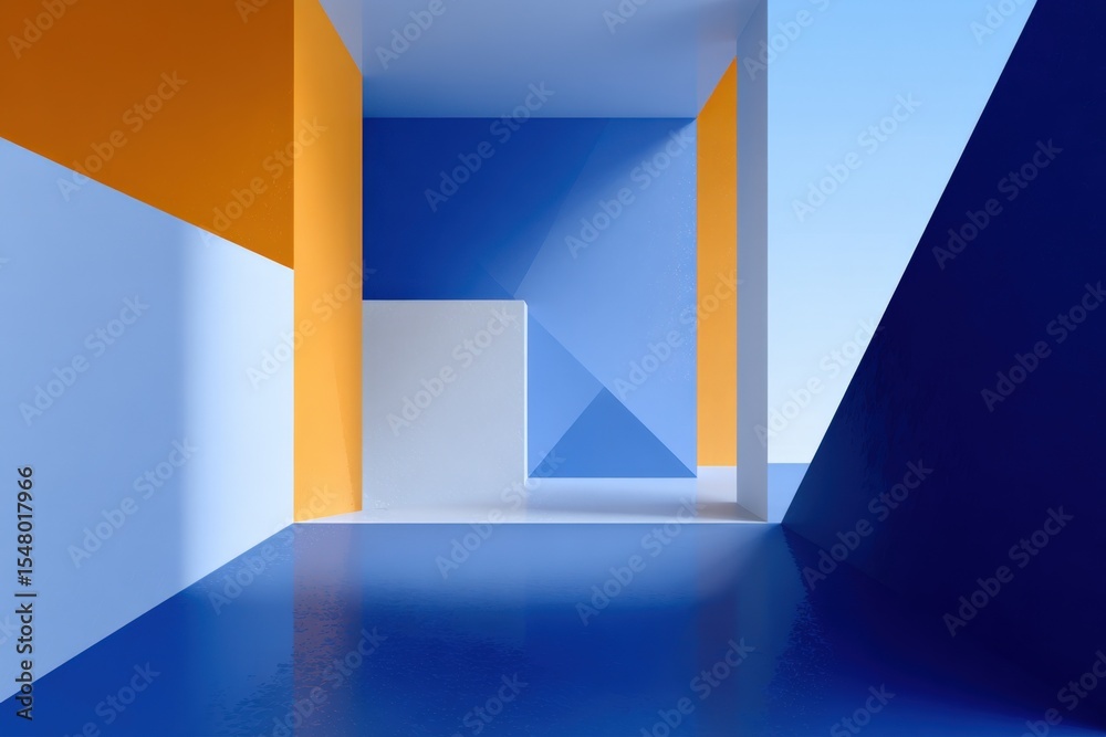 Poster modern colorful geometric architectural interior with bold blue and orange walls and minimal design 