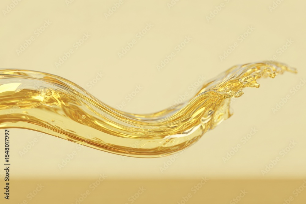 Poster Close-up of golden liquid splash with dynamic movement and glossy reflective surface on a neutral background