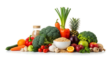 Assorted fresh vegetables and fruits arranged with a bowl of grains, featuring broccoli, red bell peppers, pineapple, apple, mushrooms, carrots, zucchini, orange slice, and green onions