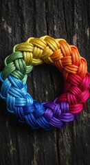 A colorful braided rope arranged in a circle, displaying the colors of the rainbow, resting on dark wood.