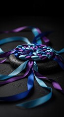 Close-up of a colorful ribbon craft project, intricately woven on a dark stone surface.