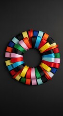 A vibrant circle of colorful ribbons arranged on a dark background, creating a visually appealing pattern.