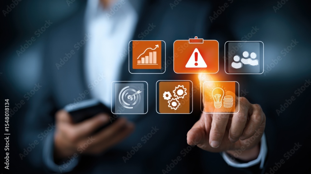 Fototapete Modern Businessperson Using Smartphone Interacting with Digital Interface Showing Data Analytics and Alert Icons on Transparent Screen