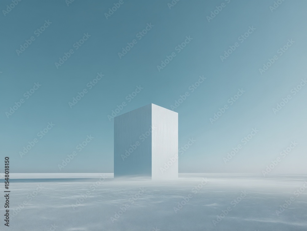 Poster minimalist modern single white cube structure surrounded by snowy landscape under clear blue sky in 