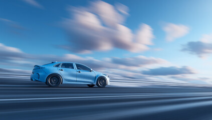 Naklejka premium Dynamic shot of a sleek light blue sports car in motion on a blur-effect road under a dramatic cloudy sky, conveying speed, modern design, and advanced engineering for automotive industry and high-per