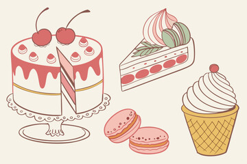 Watercolor cakes and desserts a delicious vector set