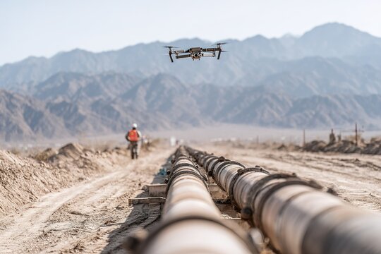 Drone surveys pipeline installation in remote desert area under clear skies