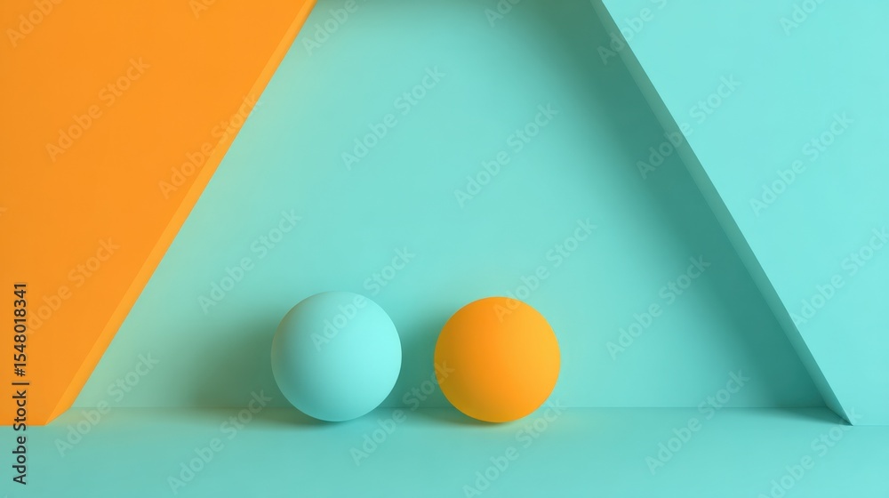 Poster Abstract minimal geometric composition featu colorful paper shapes including spheres and triangular planes in soft pastel shades for modern design