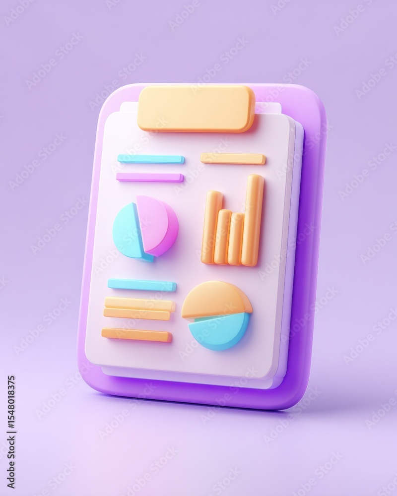 Aufkleber 3D Isometric Illustration of a Business Data Report with Charts Graphs and Quantitative Information on a Clipboard in Soft Pastel Colors on Light Purple Background