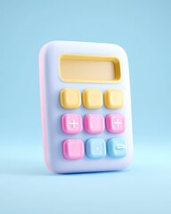Cute colorful calculator toy with pastel pink and yellow buttons and a small display screen on a soft blue background for children and education symbols