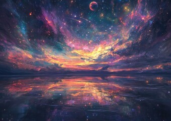 Fototapeta premium A vibrant celestial landscape reflecting a colorful sunset across a calm lake
