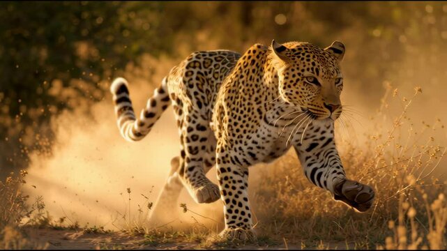 A powerful leopard runs at full speed through a dusty savanna at golden hour, kicking up dirt. Dynamic slow-motion footage of a wild predator for action and nature films