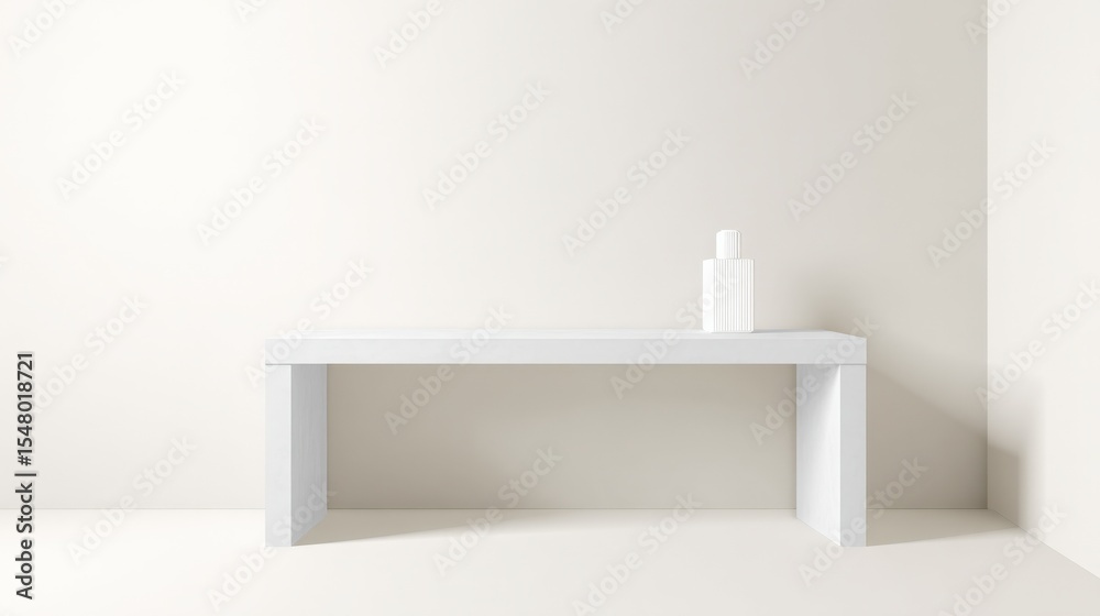 Poster minimalist white table with a small vase on top in a bright neutral room with soft shadows and clean