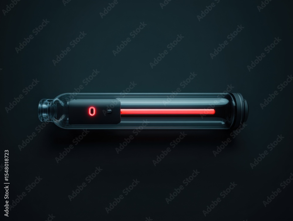 Poster Futuristic transparent test tube with digital display and red light glowing inside on dark background, scientific laboratory equipment