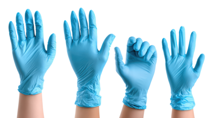 Clean Hands, Safe Practices: Four hands, each encased in vibrant blue protective gloves, showcase a spectrum of gestures—a silent testament to safety and meticulous care.