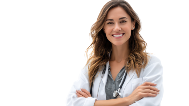 The Caring Physician: A confident female doctor smiles warmly with her arms crossed, embodying trustworthiness and expertise.