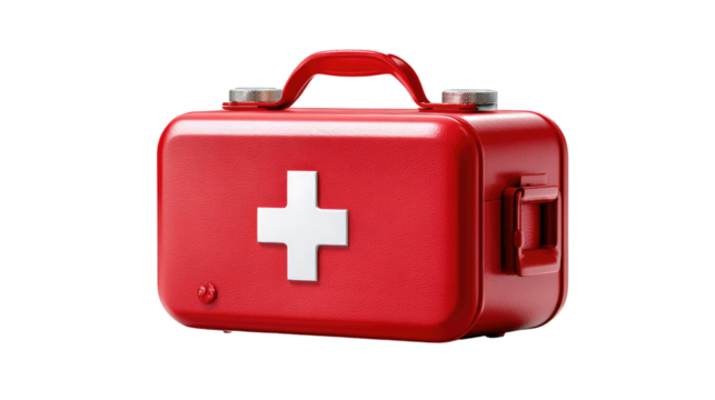 Emergency Readiness: A vibrant red first aid kit stands prominently, its iconic white cross signifying immediate access to life-saving medical supplies.