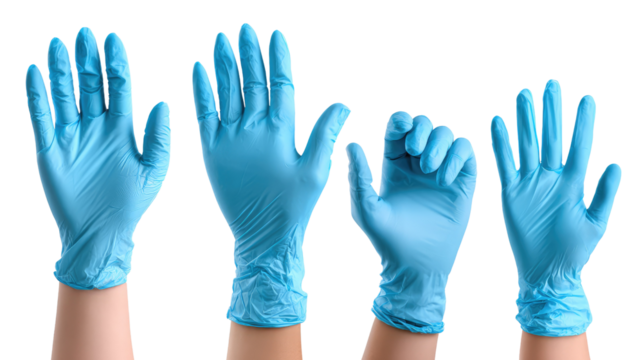 Clean Hands, Safe Practices: Four hands, each encased in vibrant blue protective gloves, showcase a spectrum of gestures—a silent testament to safety and meticulous care.