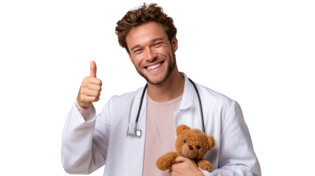 Smiling Doctor's Approval: A compassionate doctor, radiating warmth, extends a thumbs-up of assurance while tenderly holding a teddy bear.