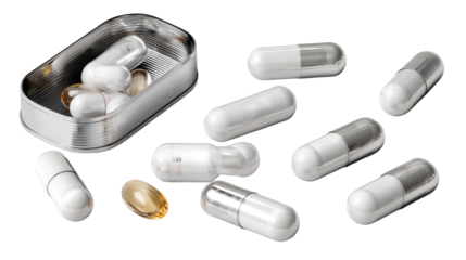 Pharmaceutical Precision: An up-close shot of neatly arranged capsules. A showcase of health and medicine. Capsules meticulously arranged on a surface. A symbol of healthcare.