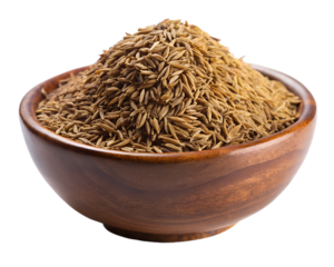 Brown cumin seeds in a wooden bowl, close-up view, isolated on black background
