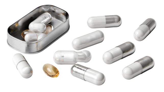 Pharmaceutical Precision: An up-close shot of neatly arranged capsules. A showcase of health and medicine. Capsules meticulously arranged on a surface. A symbol of healthcare.