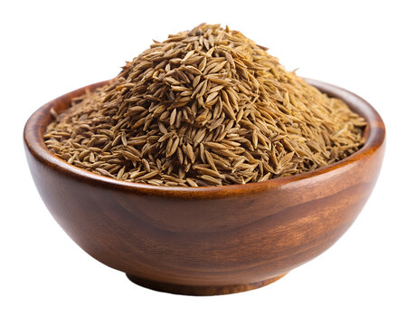 Brown cumin seeds in a wooden bowl, close-up view, isolated on black background