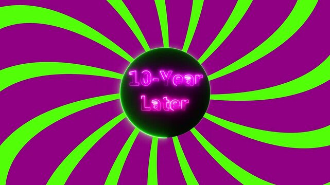 Neon 10 year later in a retro comics speech bubble with halftone dotted shadow . animated text effect with high visual impact 4k video. Abstract black modern twirl spiral sunburst comic.....
