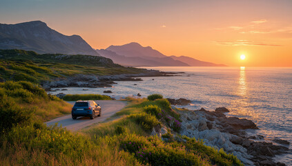 A blue SUV navigates a winding coastal road at sunset, with a stunning ocean view and sun-kissed sky, captured with dynamic motion blur, ideal for travel and adventure themes.

