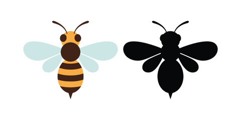 Bee and bee silhouette isolated on white background